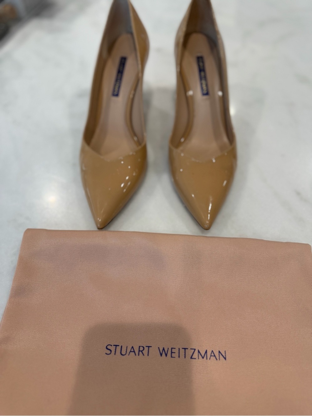 Stuart Weitzman Glossy Beige Patent Pointed-Toe Pumps